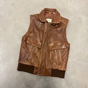 Adam Spencer Vintage Brown Leather Bomber Vest Mens Small Quilted Lined